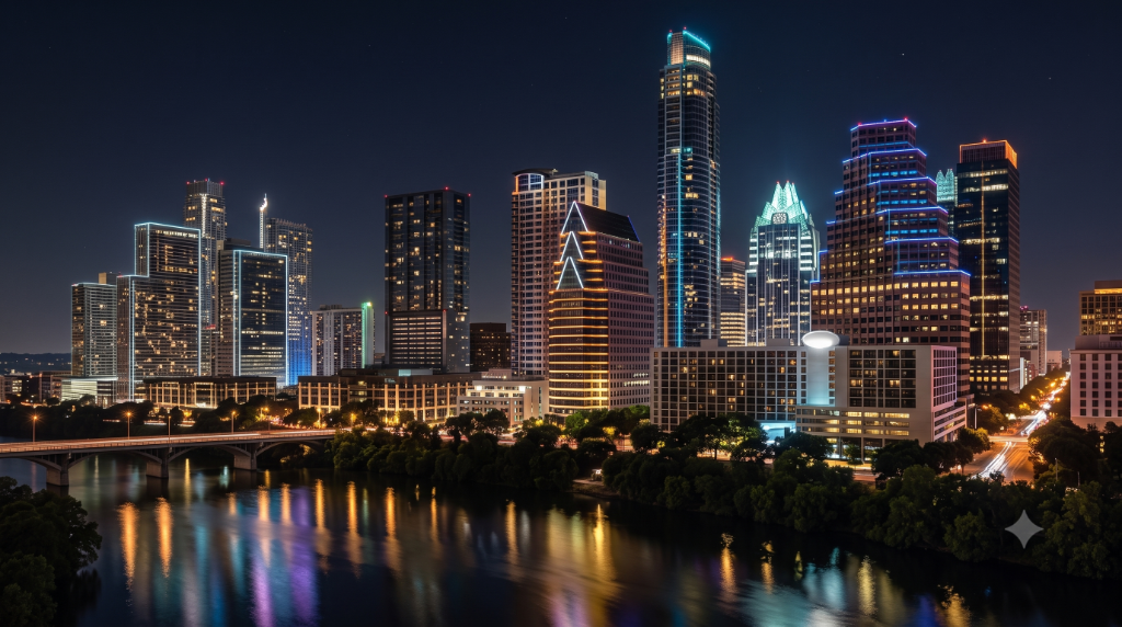 Austin skyline at night over Lady Bird Lake
